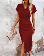 Robe de soirée longue fendue, col V, taille cintrée, dix coloris, marron rouge