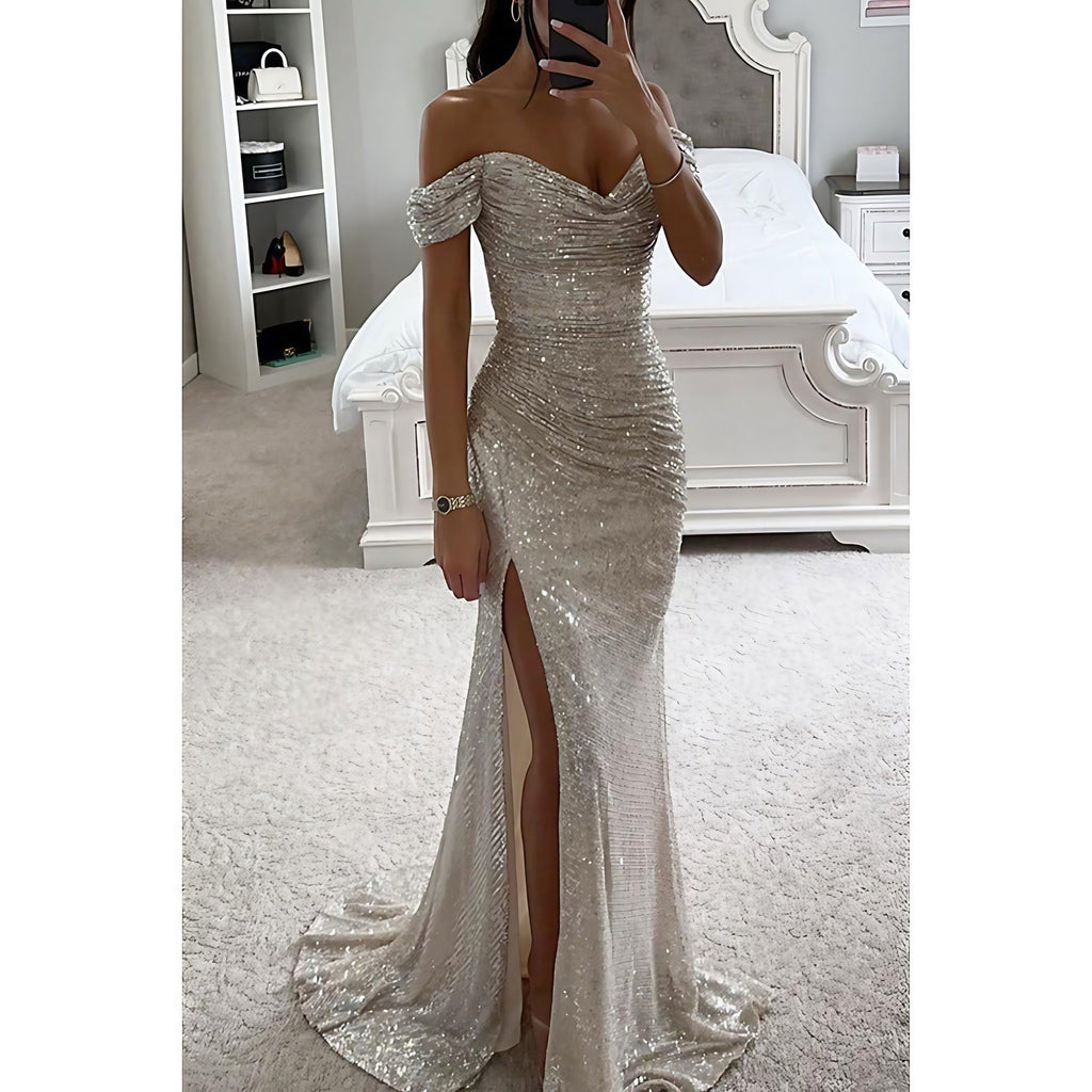 Robe de soirée longue à paillettes, épaules dénudées, fente, argenté