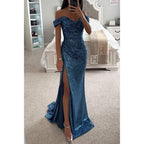 Robe de soirée longue à paillettes, épaules dénudées, fente, bleu pétrole