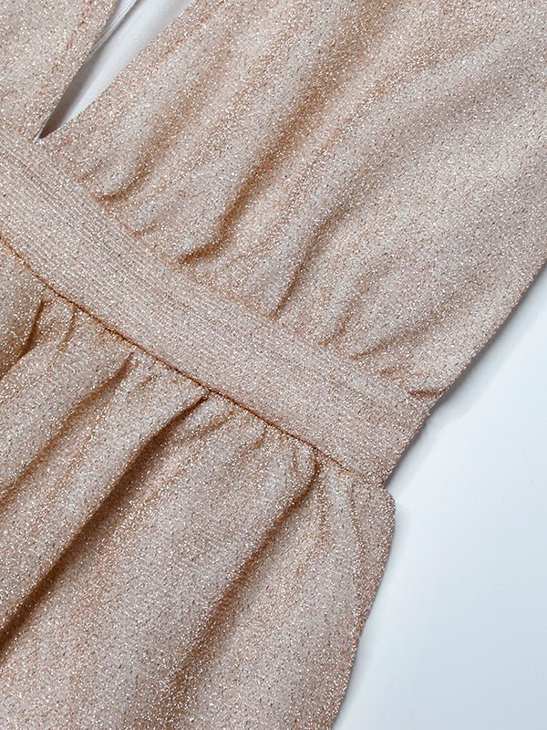 Robe de soirée longue crème en tissu brillant, manches longues