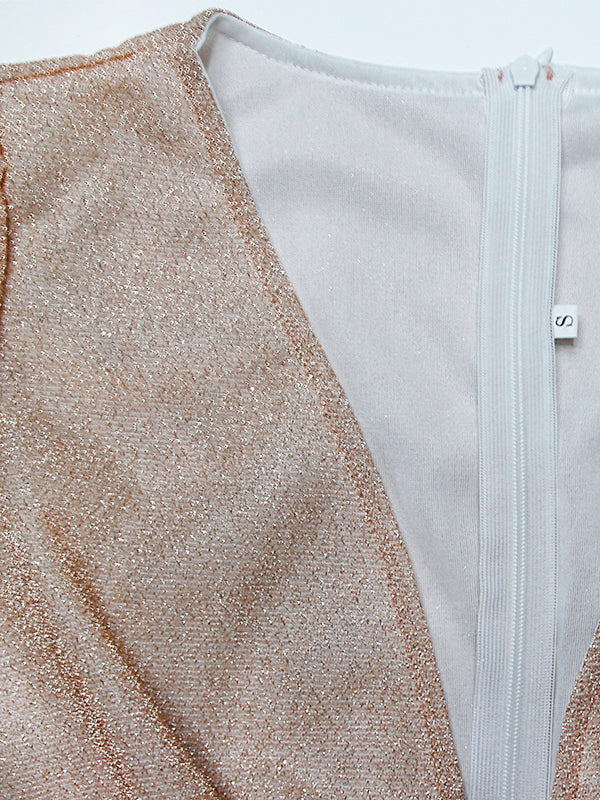 Robe de soirée longue crème en tissu brillant, manches longues