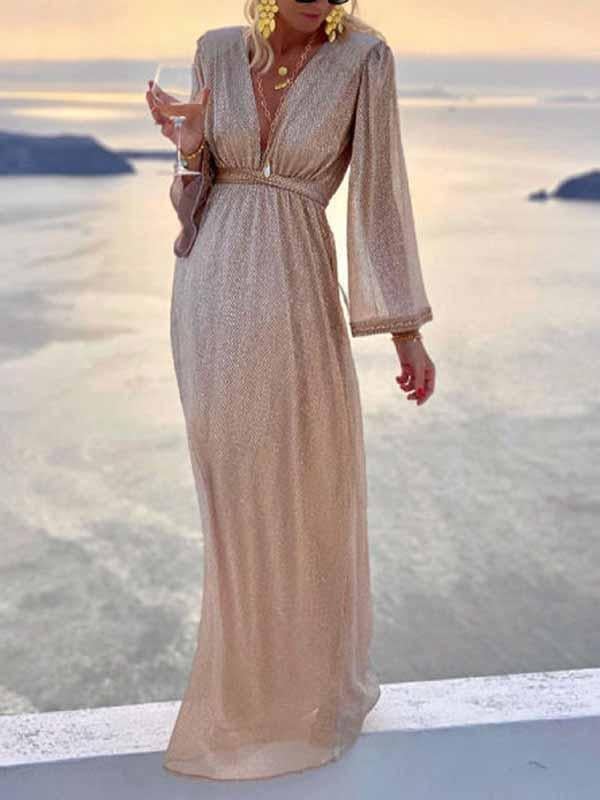 Robe de soirée longue crème en tissu brillant, manches longues, crème
