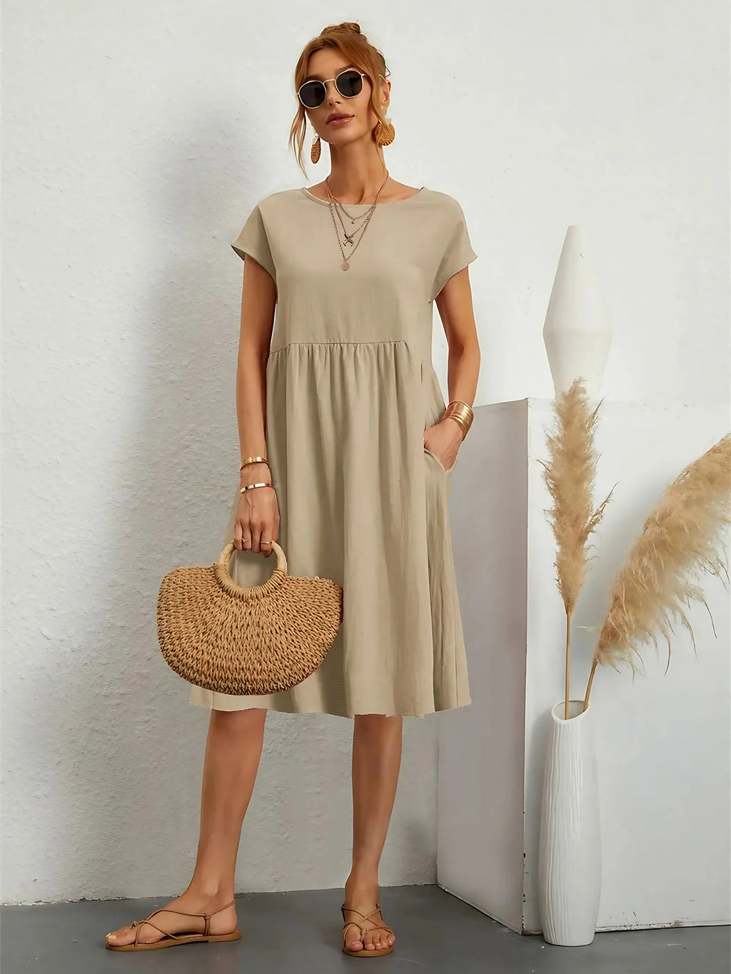 Robe décontractée femme à poches, cinq coloris, du S au 2XL, kaki