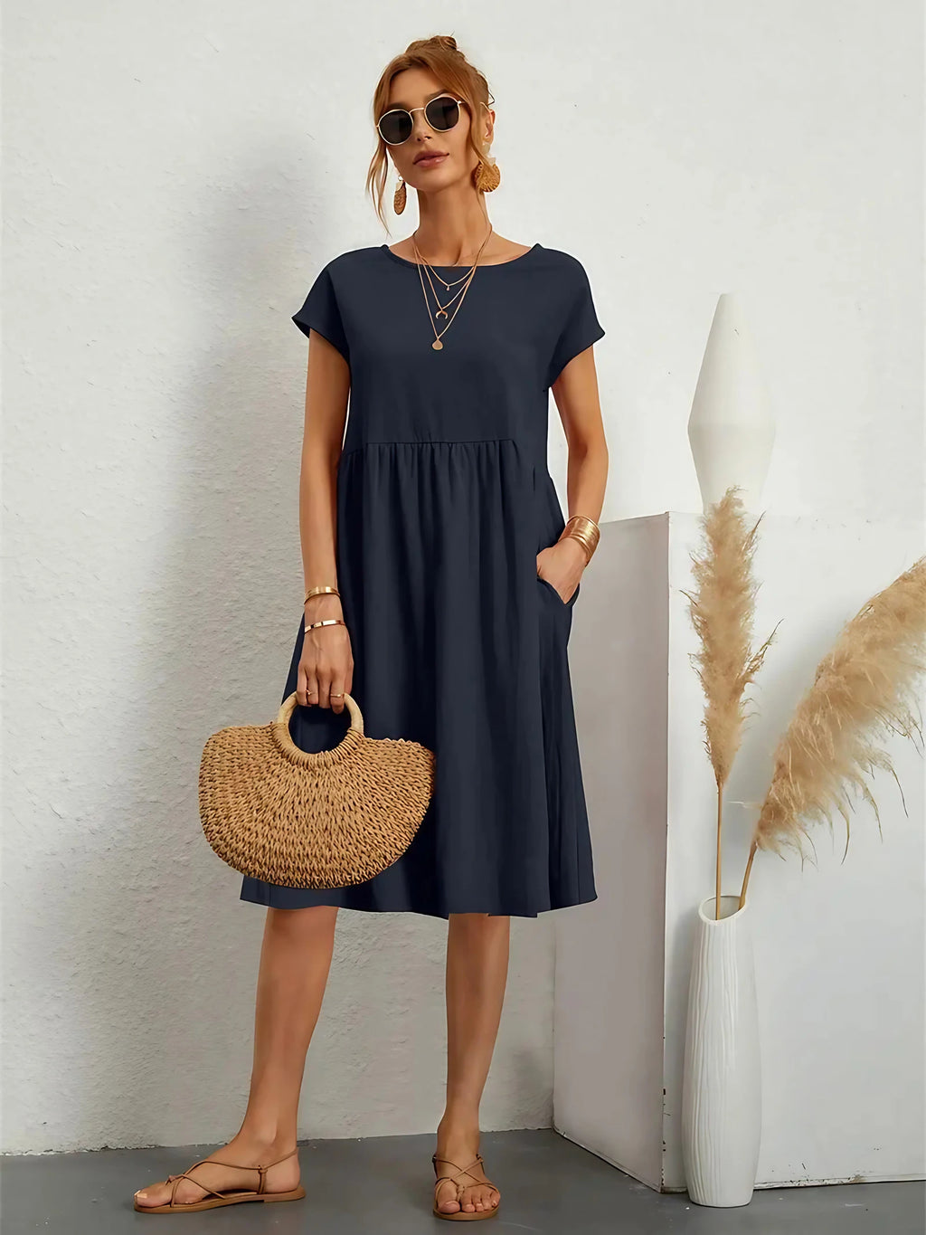 Robe décontractée femme à poches, cinq coloris, du S au 2XL, bleu marine