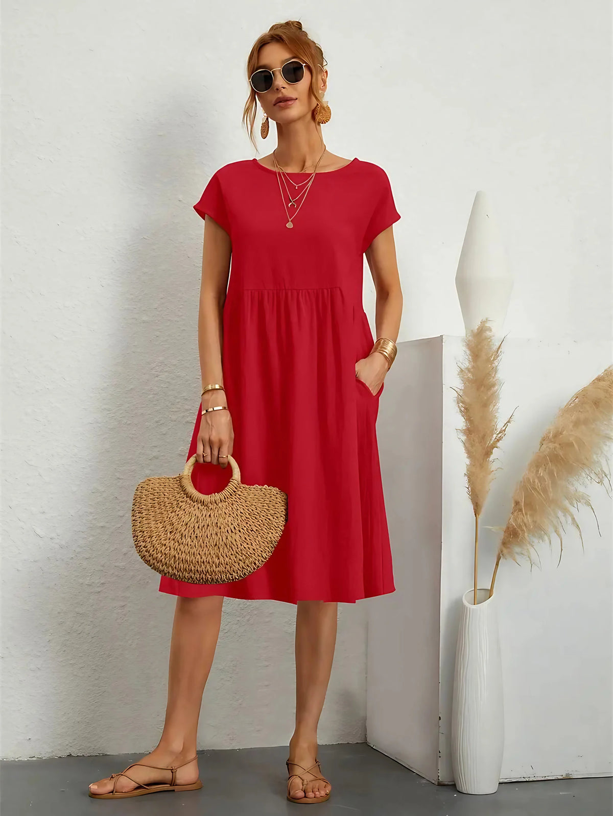 Robe décontractée femme à poches, cinq coloris, du S au 2XL, rouge