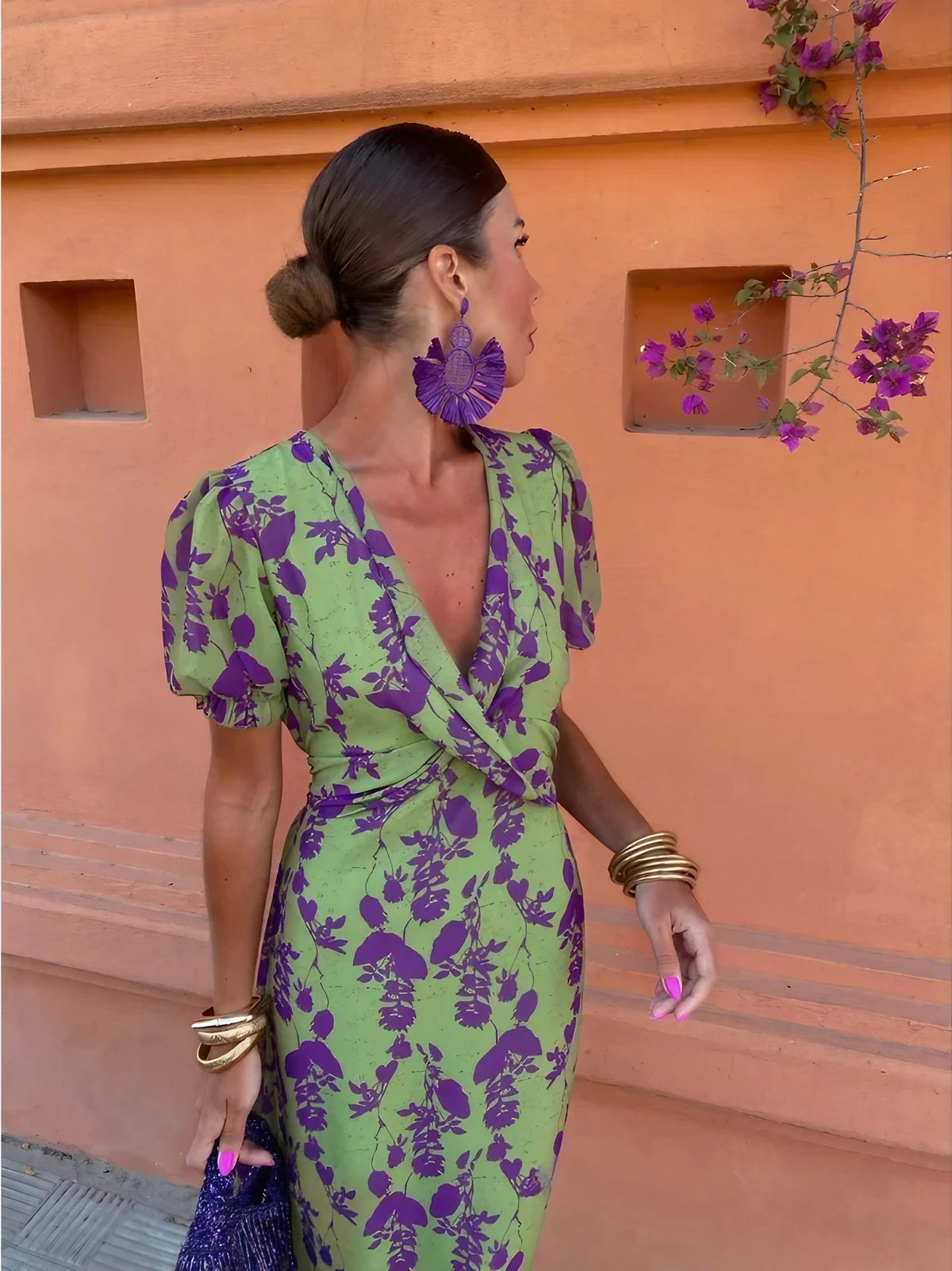 Robe d'été col V à manches courtes, verte, du S au 3XL, vert