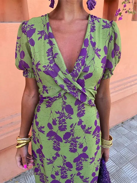 Robe d'été col V à manches courtes, verte, du S au 3XL