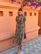 Robe d'été col V à manches courtes, verte, du S au 3XL