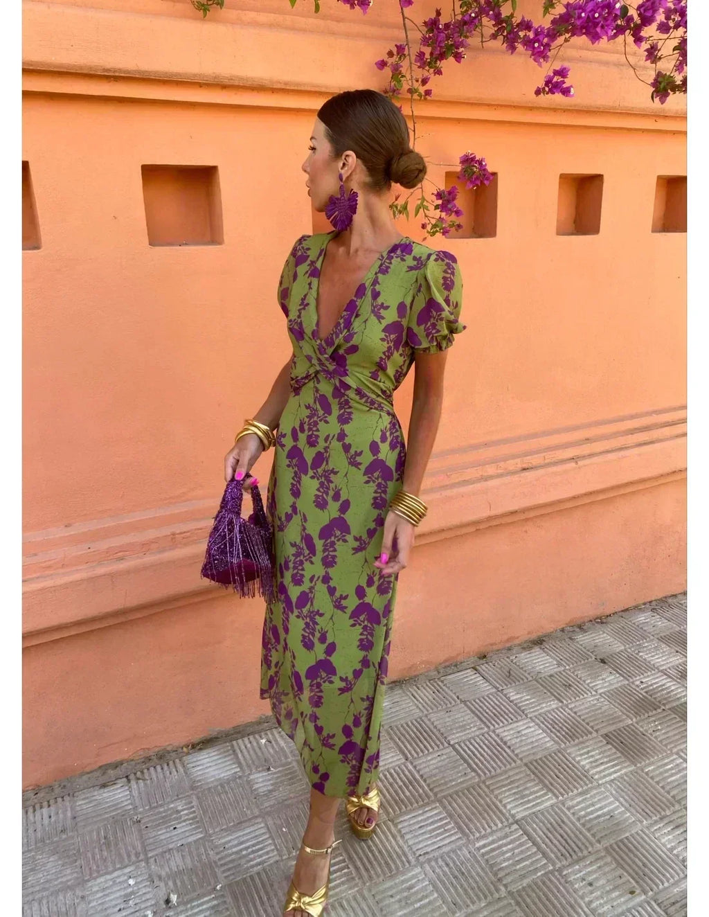 Robe d'été col V à manches courtes, verte, du S au 3XL