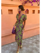 Robe d'été col V à manches courtes, verte, du S au 3XL