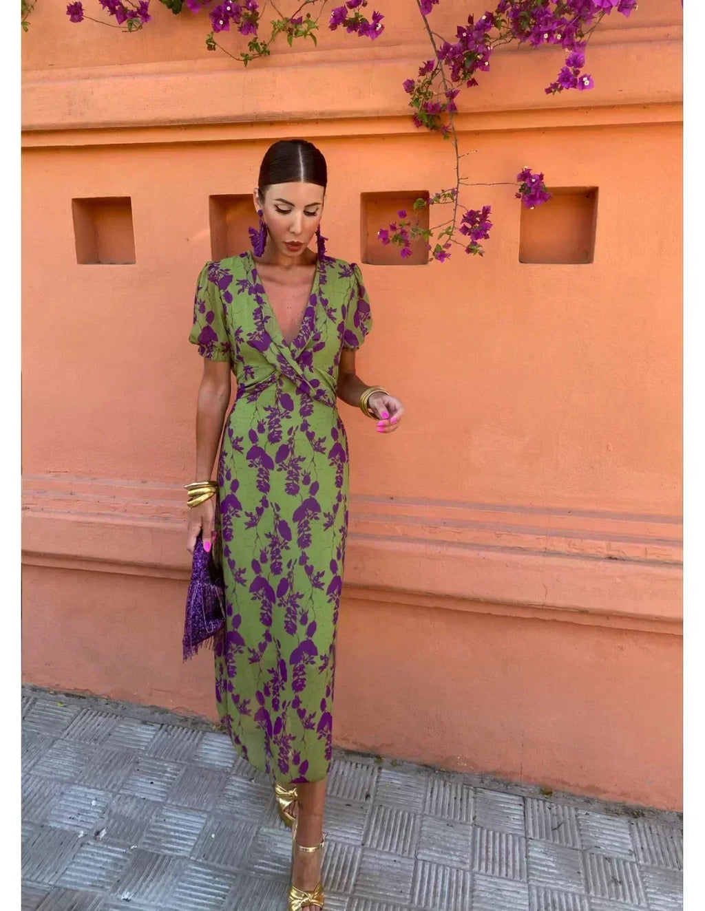 Robe d'été col V à manches courtes, verte, du S au 3XL
