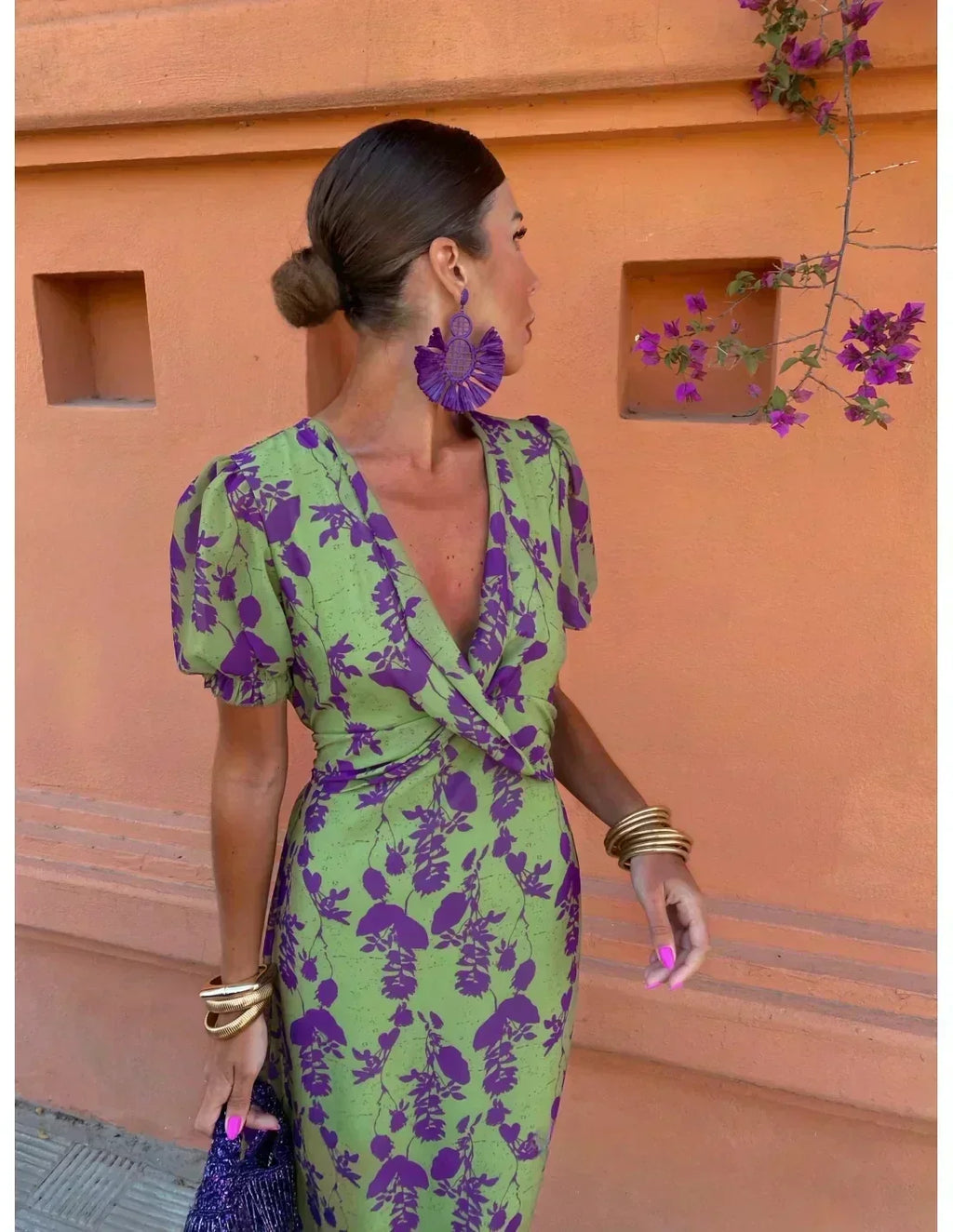 Robe d'été col V à manches courtes, verte, du S au 3XL