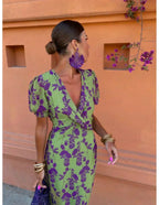 Robe d'été col V à manches courtes, verte, du S au 3XL
