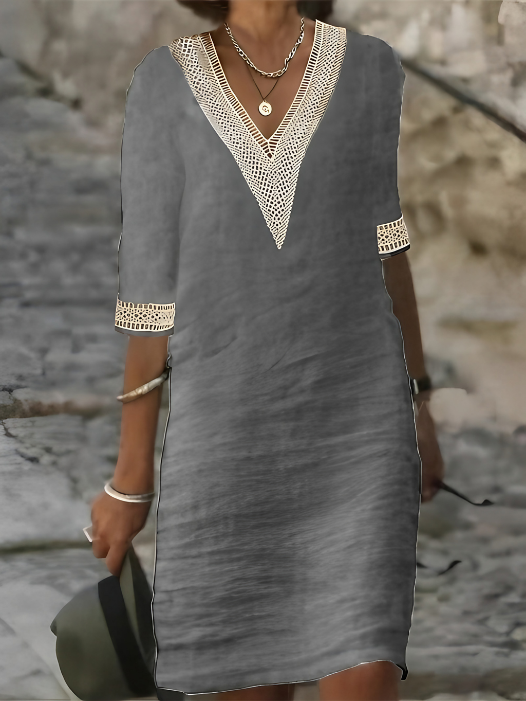 Robe d'été fluide à détails en crochet, quatre coloris, du S au 3XL, gris