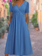 Robe d'été col V, coupe ample, sept coloris, du S au 3XL, bleu