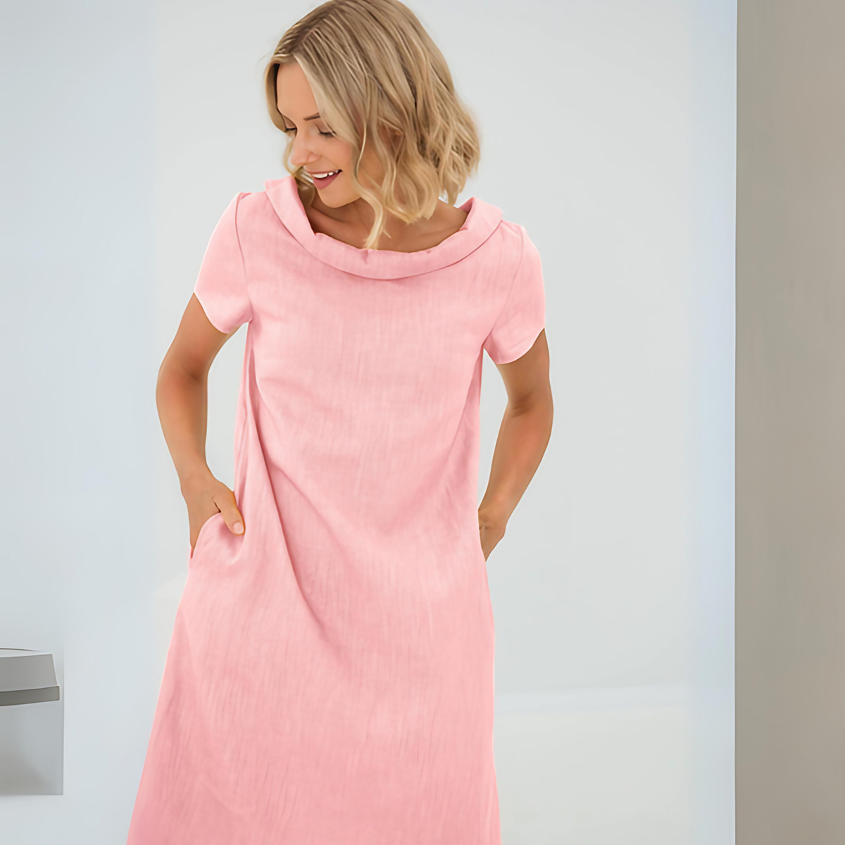 Robe d'été évasée à col V et poches, huit coloris, S au 2XL, rose