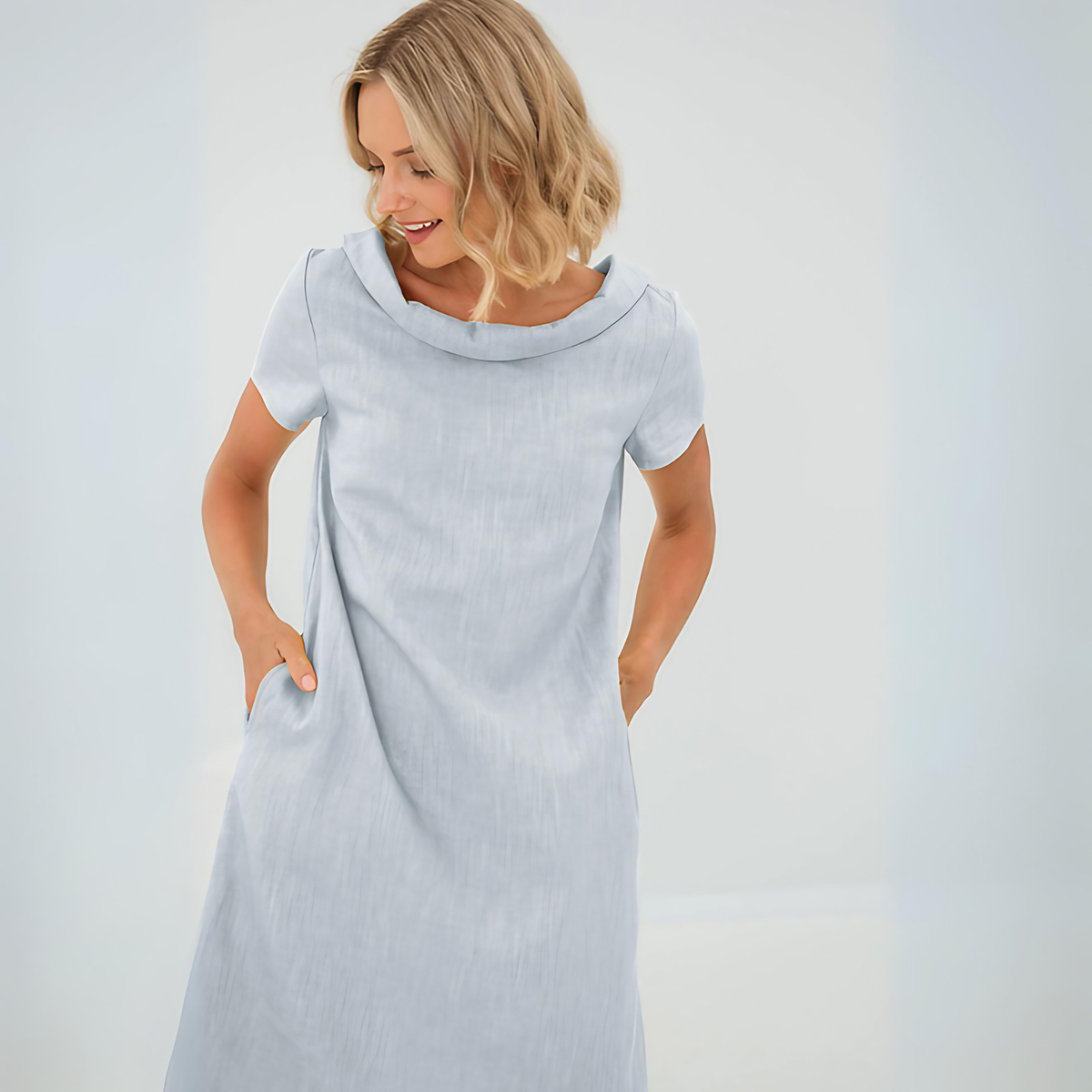 Robe d'été évasée à col V et poches, huit coloris, S au 2XL, bleu clair