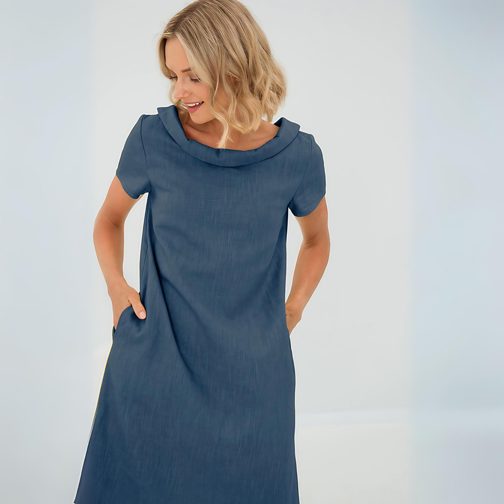 Robe d'été évasée à col V et poches, huit coloris, S au 2XL, bleu foncé