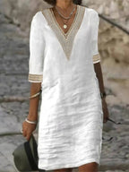 Robe femme col V bordé de dentelle, manches 3/4, coupe ample, blanc