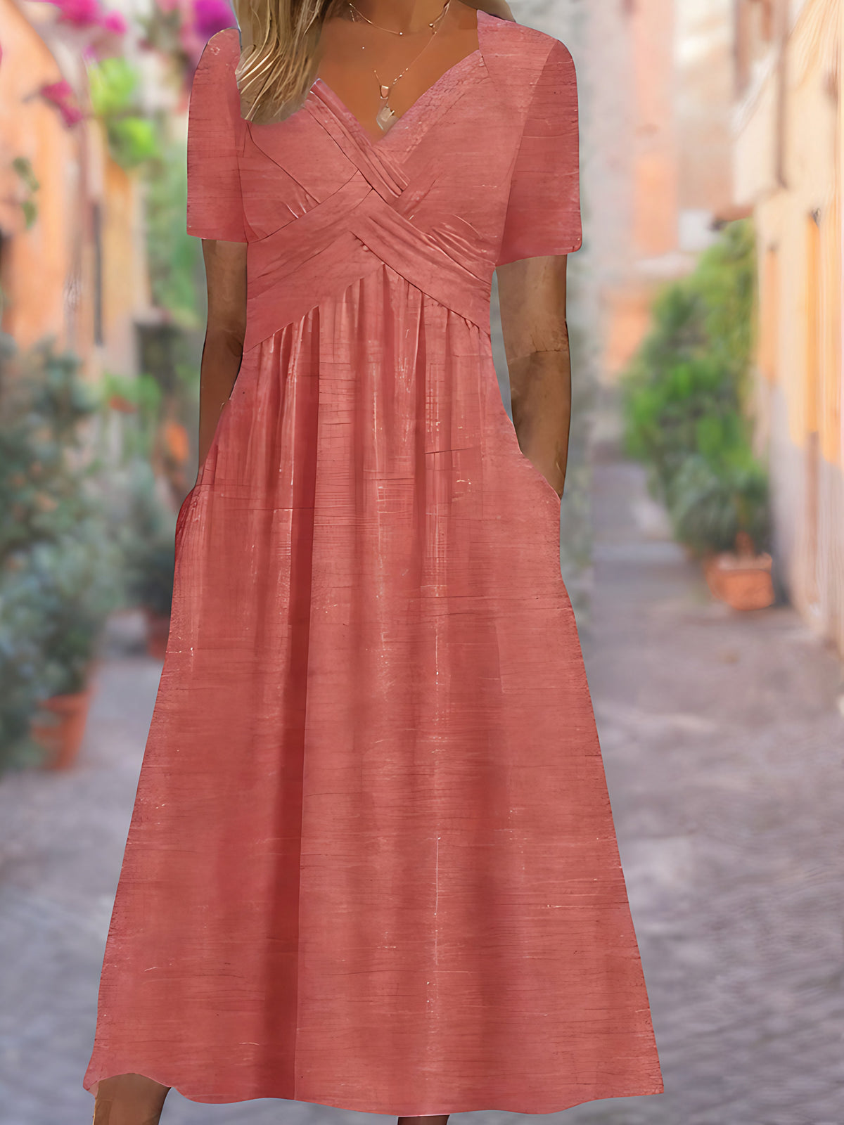 Robe portefeuille femme d'été, col V et manches courtes, rose