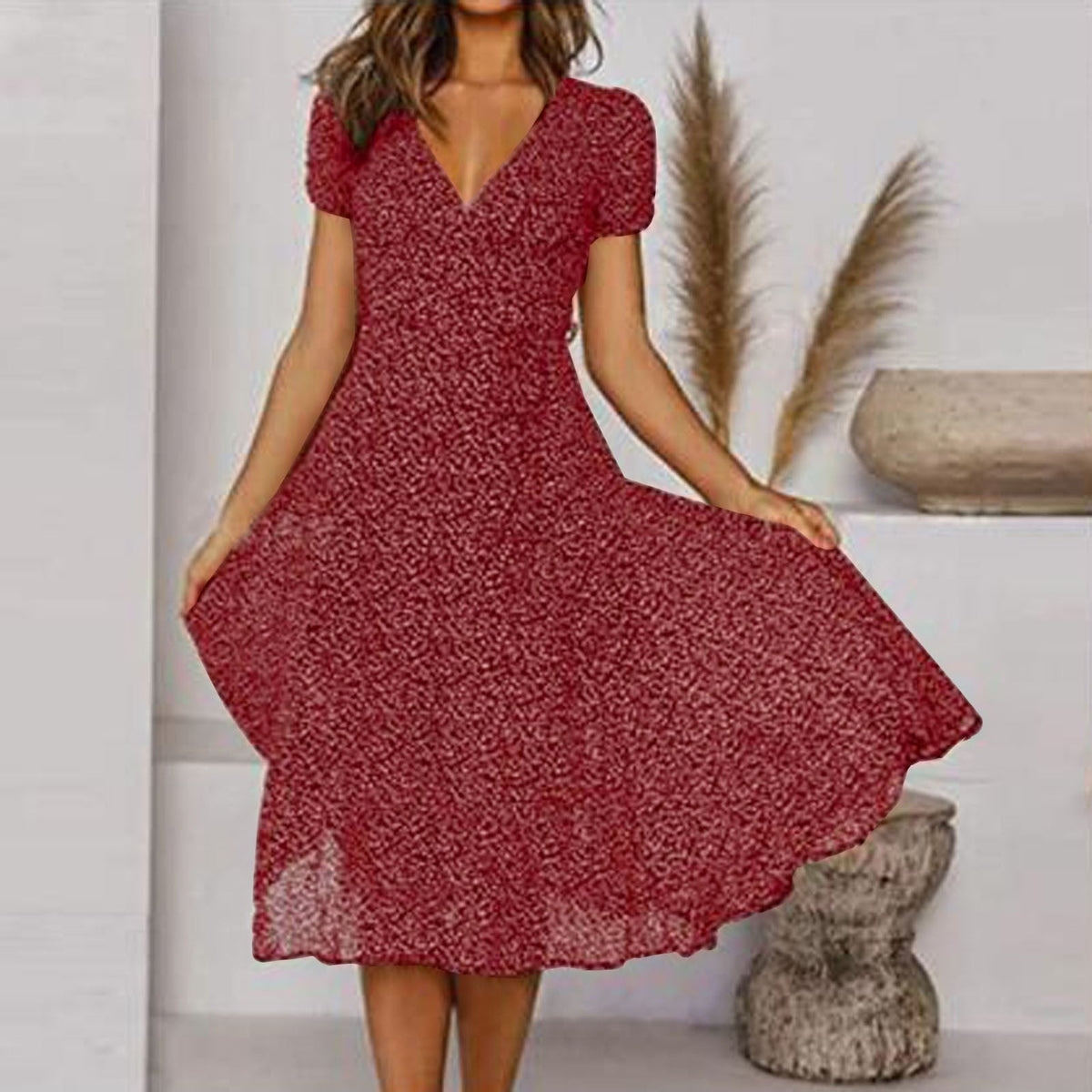 Robe fleurie trapèze col V femme, six coloris, du S au 3XL, bordeaux