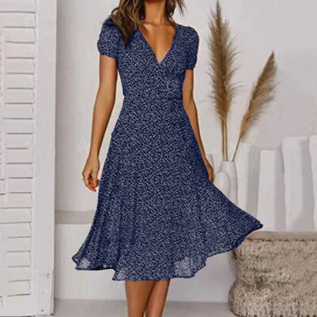 Robe fleurie trapèze col V femme, six coloris, du S au 3XL, bleu marine