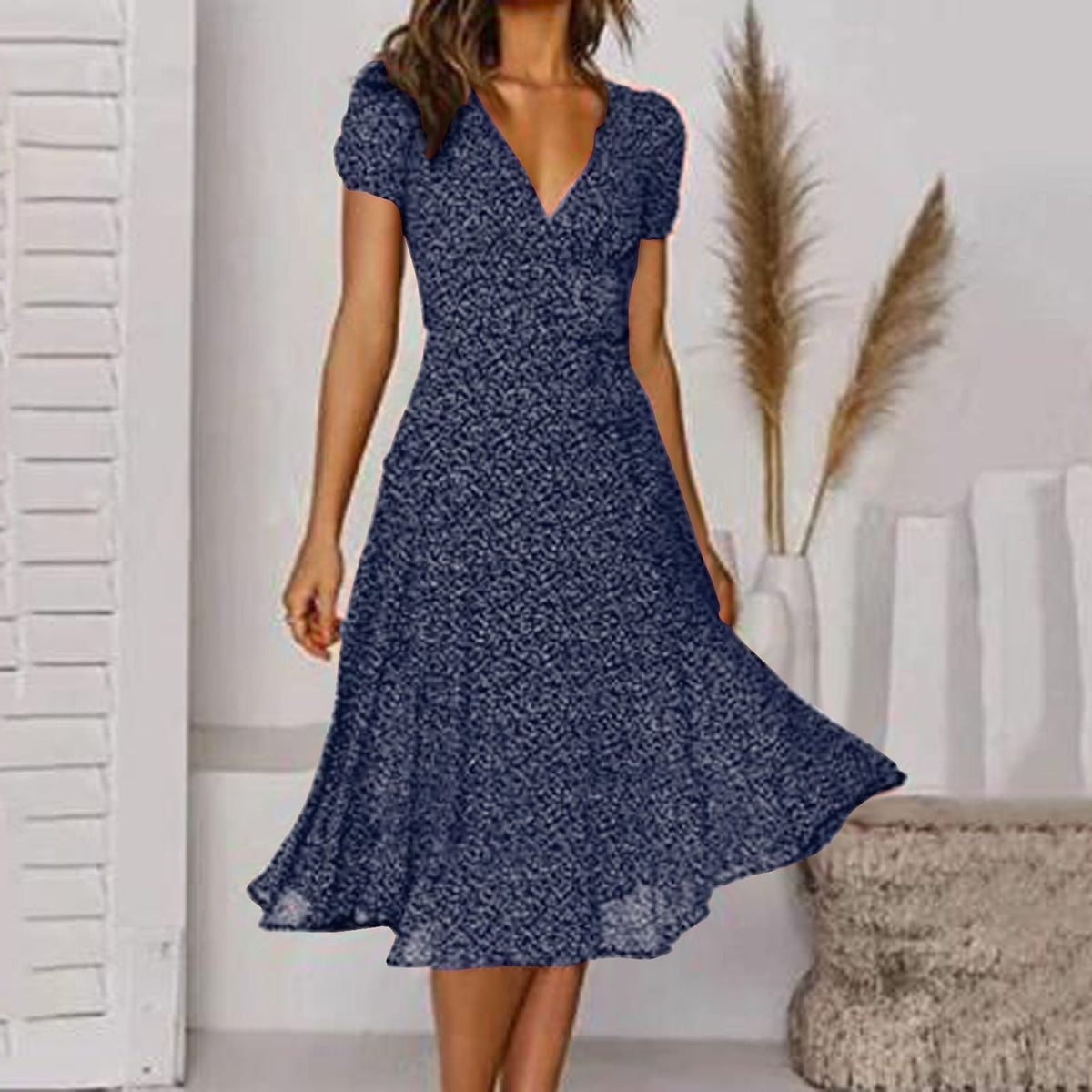Robe fleurie trapèze col V femme, six coloris, du S au 3XL, bleu marine
