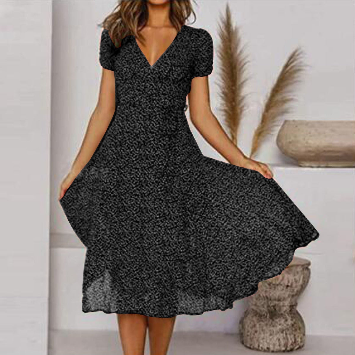 Robe fleurie trapèze col V femme, six coloris, du S au 3XL, noir