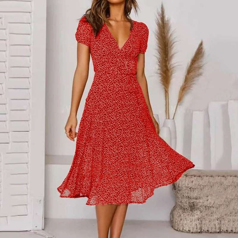 Robe fleurie trapèze col V femme, six coloris, du S au 3XL, rouge