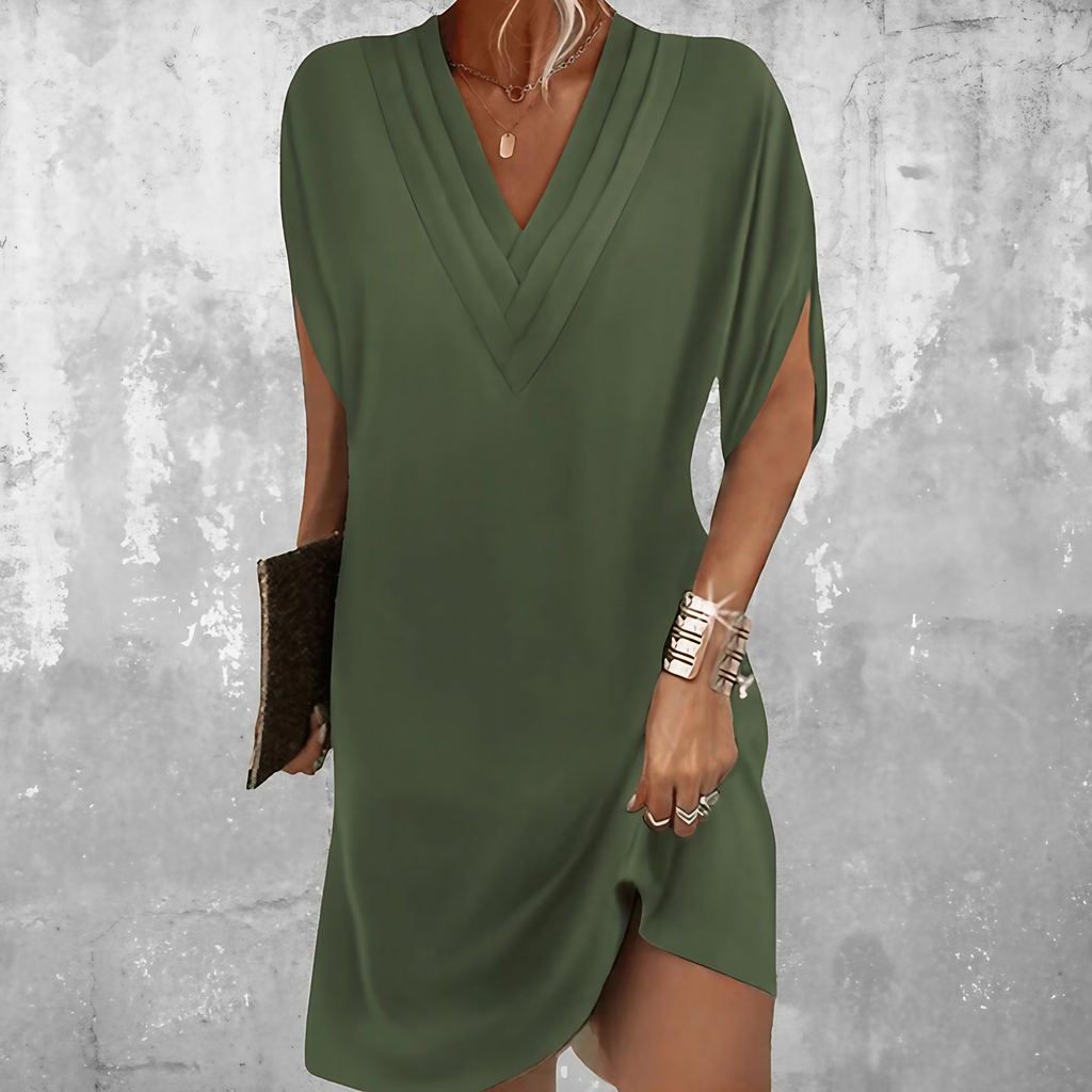 Robe d'été col V à manches fendues, longueur genou, vert armée