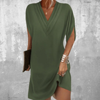 Robe d'été col V à manches fendues, longueur genou, vert armée