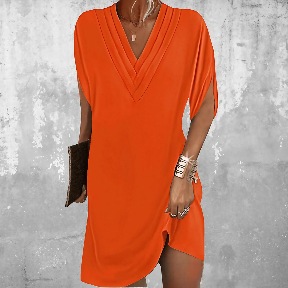 Robe d'été col V à manches fendues, longueur genou, orange
