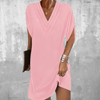 Robe d'été col V à manches fendues, longueur genou, rose