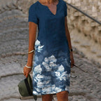 Robe d'été fleurie femme, coupe fluide, quatre coloris, bleu