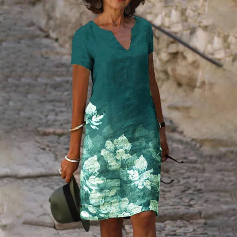Robe d'été fleurie femme, coupe fluide, quatre coloris, vert