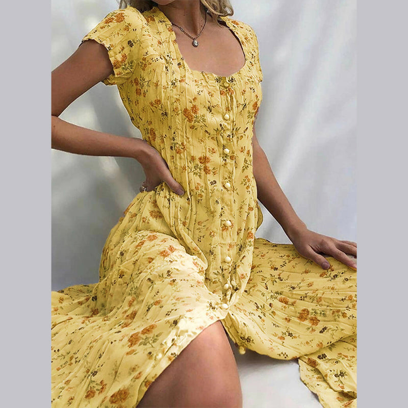 Robe d'été fleurie femme, cinq coloris, du S au 4XL, jaune