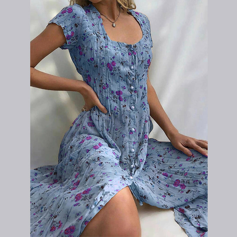 Robe d'été fleurie femme, cinq coloris, du S au 4XL, bleu