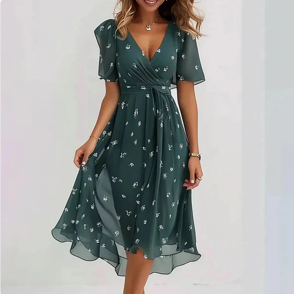 Robe d'été fleurie en mousseline, col croisé, jupe asymétrique, vert