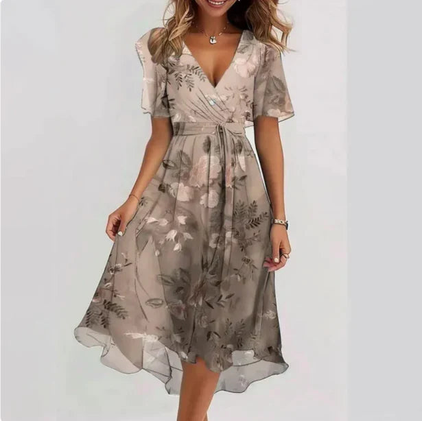 Robe d'été fleurie en mousseline, col croisé, jupe asymétrique, beige