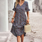 Robe d'été fleurie femme, cinq coloris, du S au XL, bleu