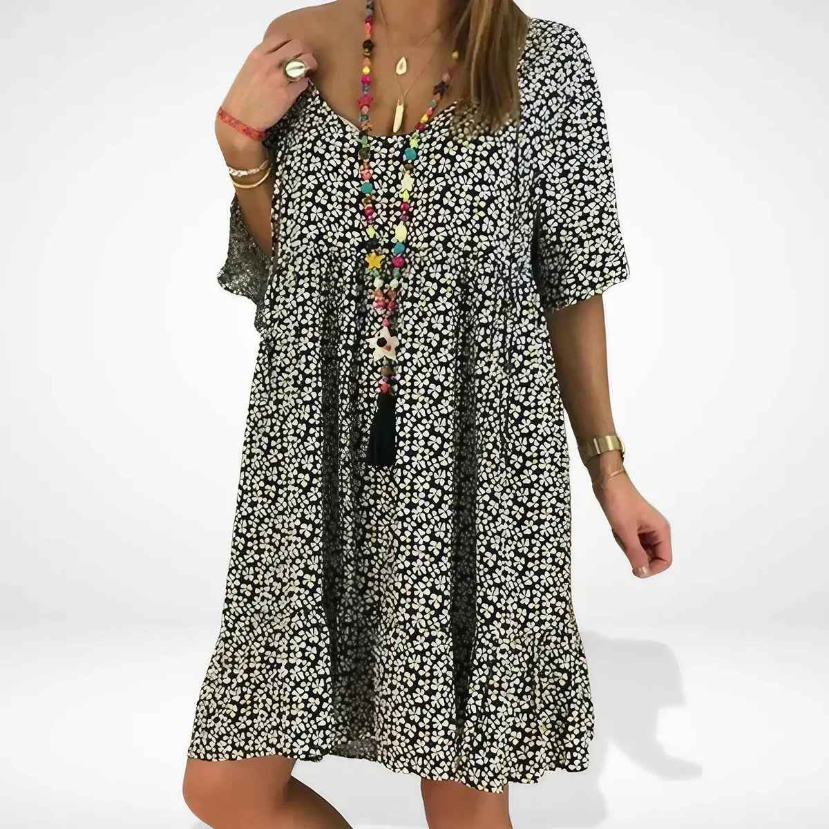 Robe d'été fleurie femme à manches 3/4, coupe fluide