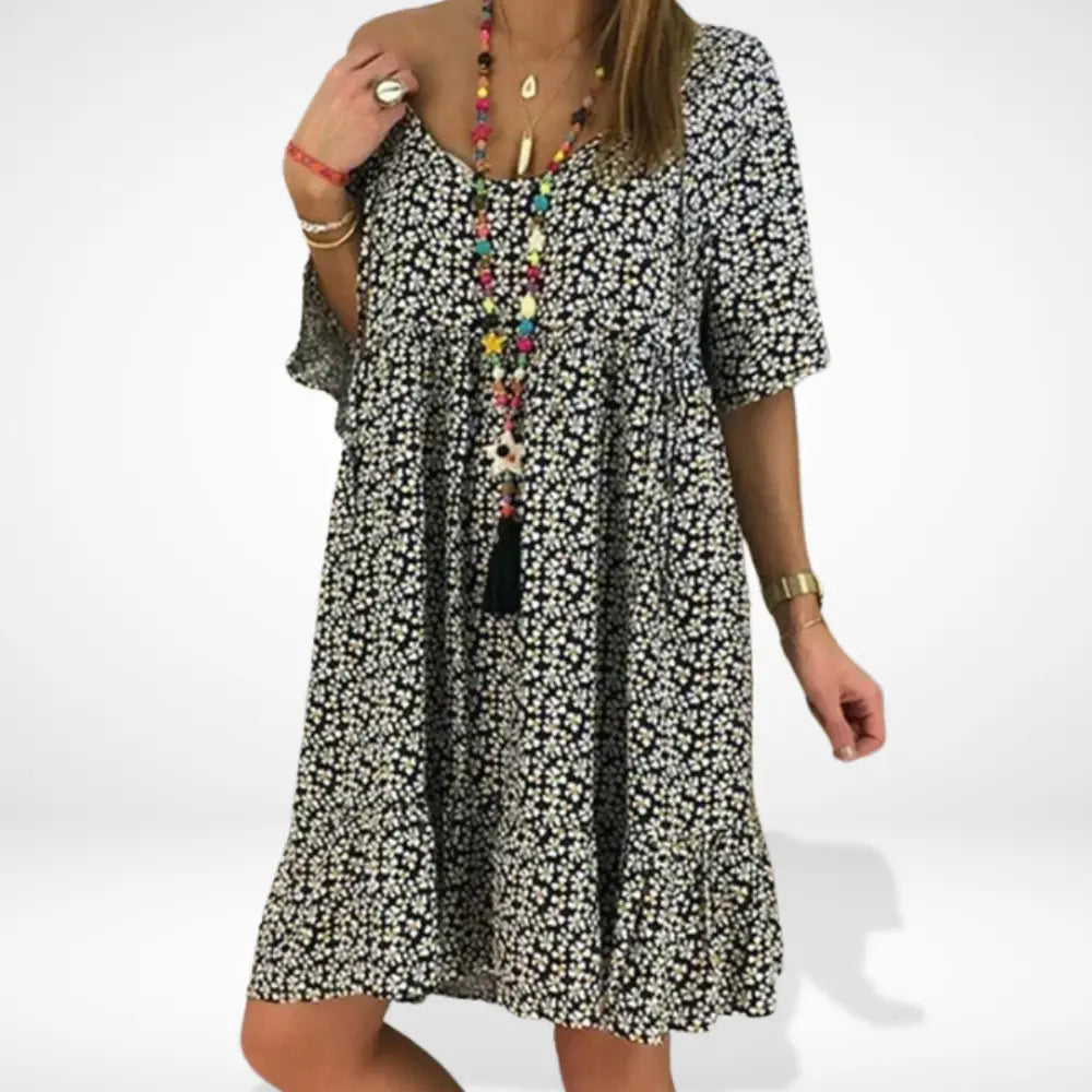 Robe d'été fleurie femme à manches 3/4, coupe fluide, noir