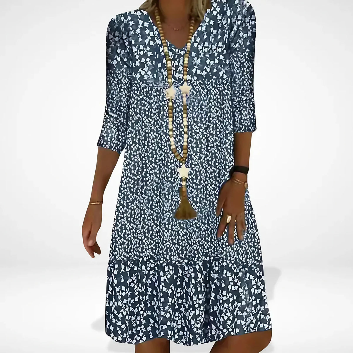 Robe d'été fleurie femme à manches 3/4, coupe fluide, bleu
