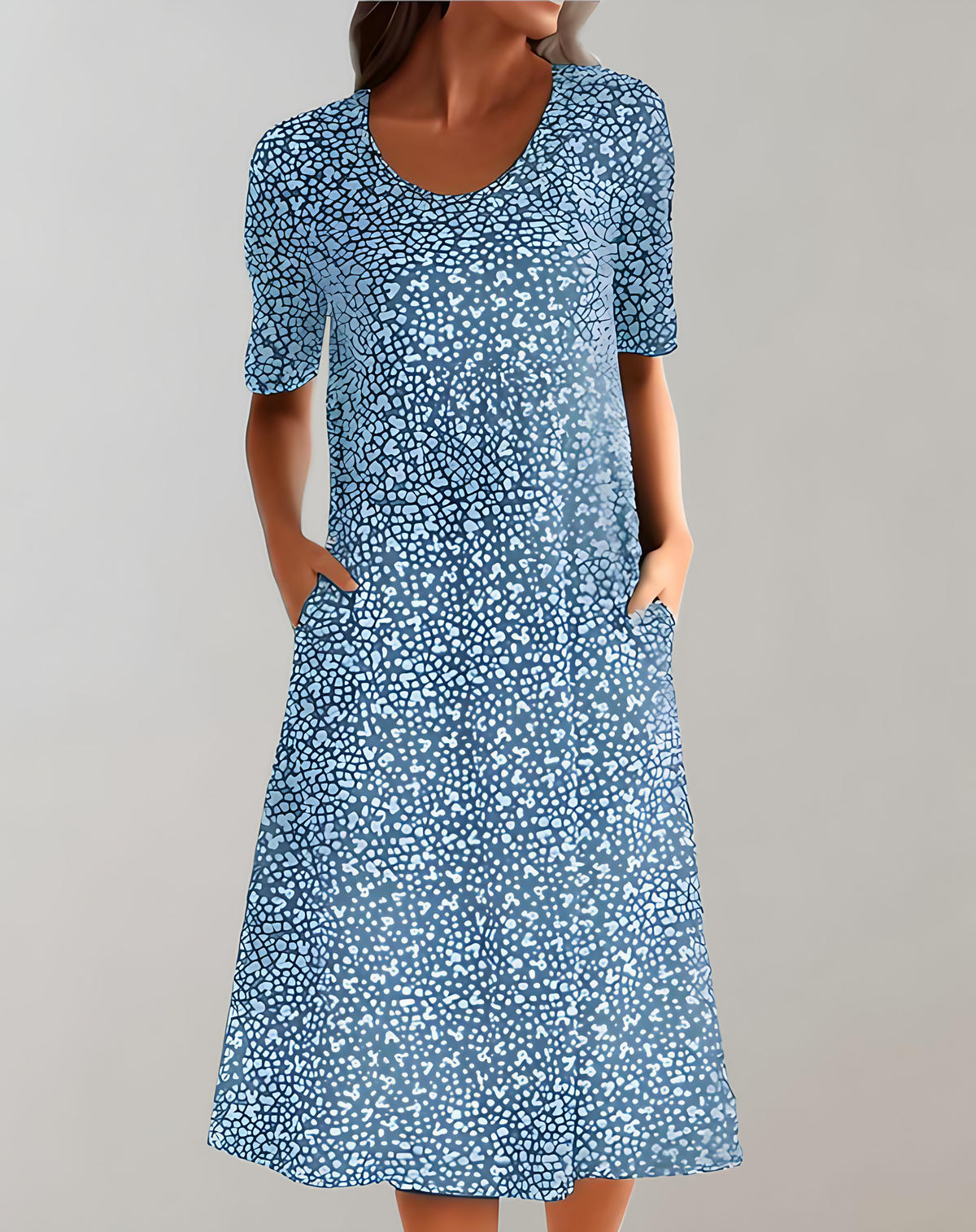 Robe d'été col V femme, coupe fluide, huit coloris, bleu clair