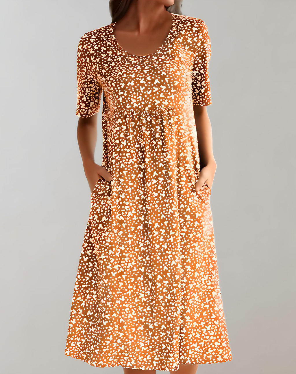 Robe d'été col V femme, coupe fluide, huit coloris, marron orangé