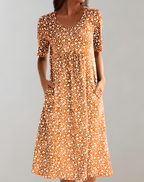 Robe d'été col V femme, coupe fluide, huit coloris, marron orangé