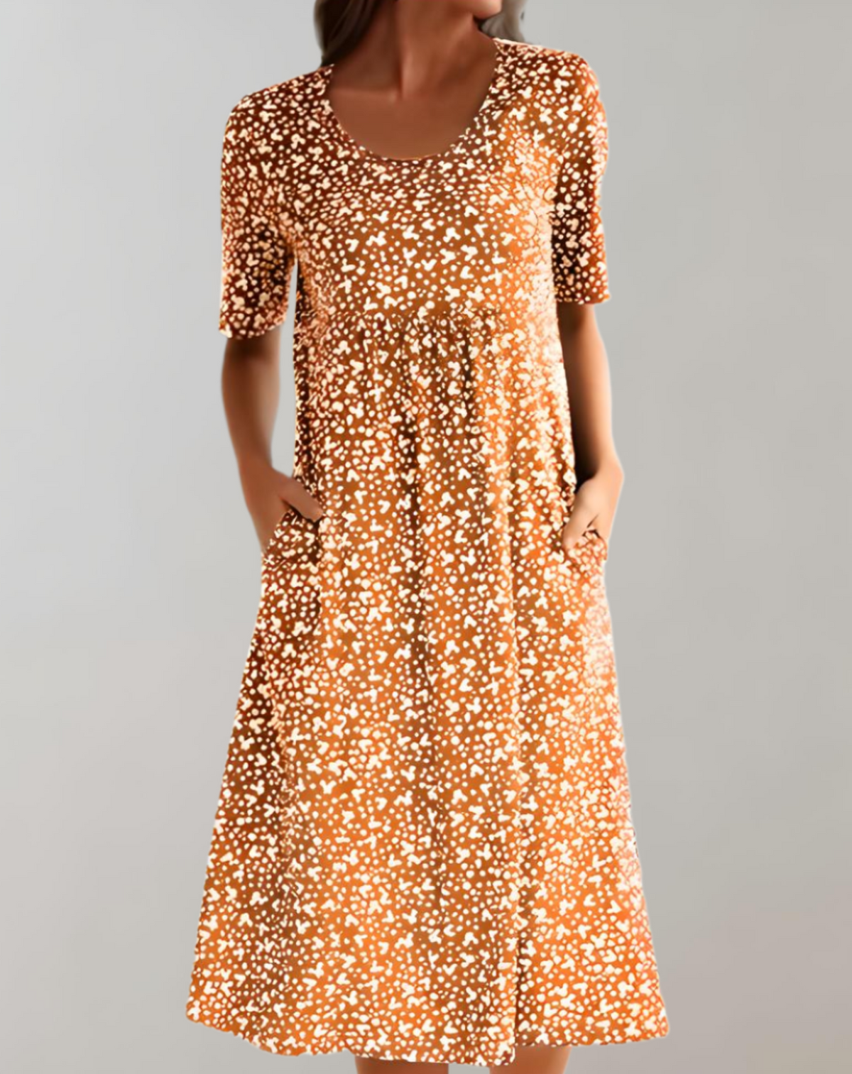 Robe d'été col V femme, coupe fluide, huit coloris, marron orangé