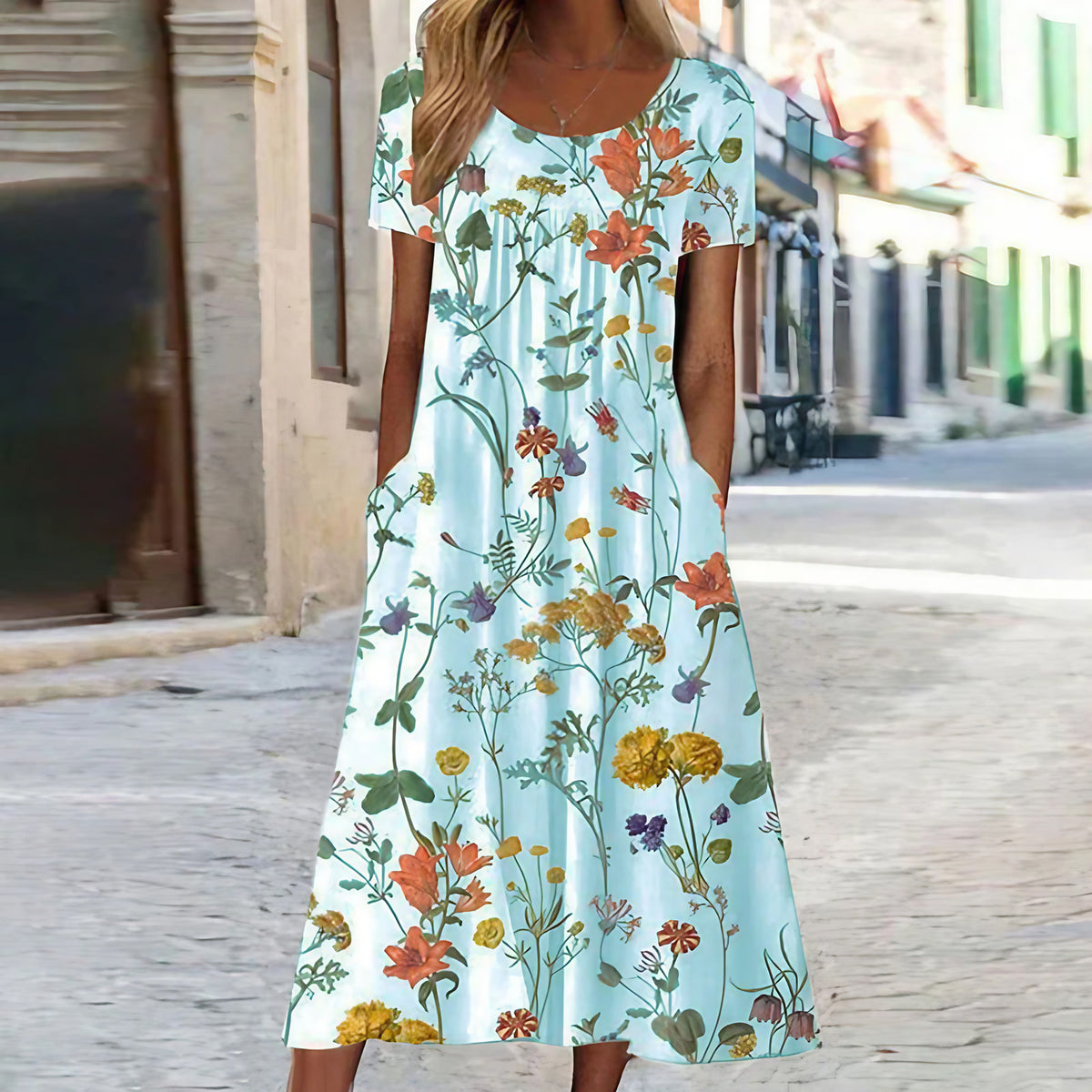 Robe d'été fluide en tissu léger, cinq coloris, du S au 3XL, bleu clair