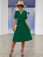 Robe d'été fluide à encolure crantée et nœud, du S au XL, vert