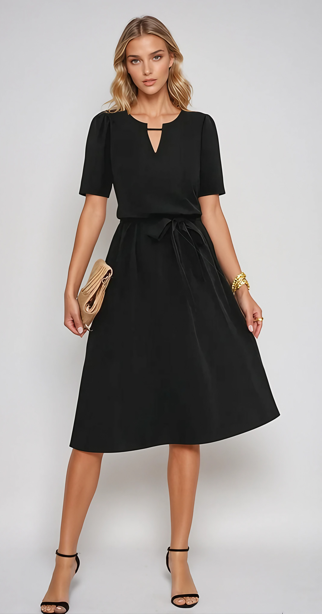 Robe d'été fluide à encolure crantée et nœud, du S au XL, noir
